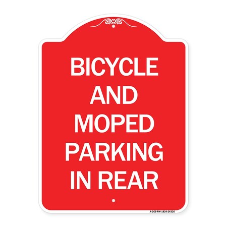Signmission Bicycle and Moped Parking in Rear, Red & White Aluminum Architectural Sign, 18" x 24", RW-1824-24326 A-DES-RW-1824-24326